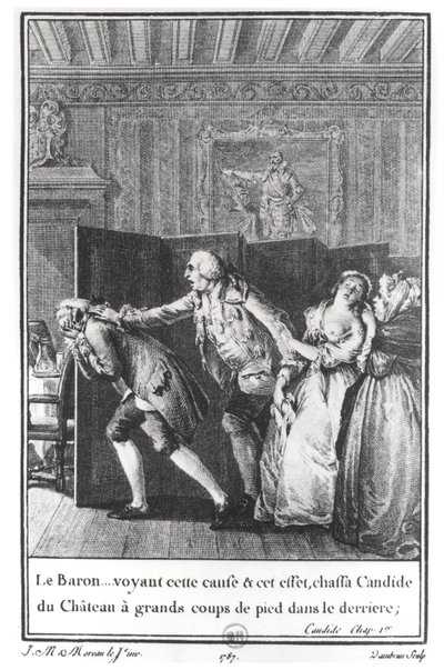 `` The Baron ... طارد Candide من القصر مع ركلات كبيرة في الخلف &39;، توضيح من الفصل 1 من&39; Candide &39;بواسطة فرانسوا فولتير (1694-1778) منقوش بواسطة جان دامبرون (1741-ص 1808) 1787 (هـ بواسطة جان ميشيل الأصغر مورو